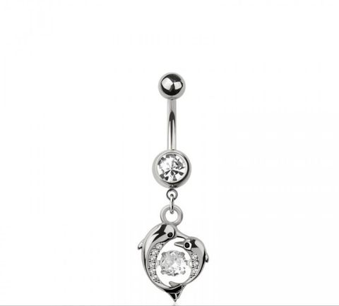 Dolphin love heart navel belly bar