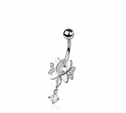 Lotus flower CZ navel belly bar